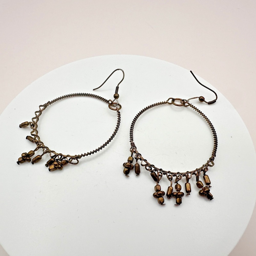 Vintage Y2K Bronze Beaded Hoop Dangle Earrings Boho Women's Jewelry